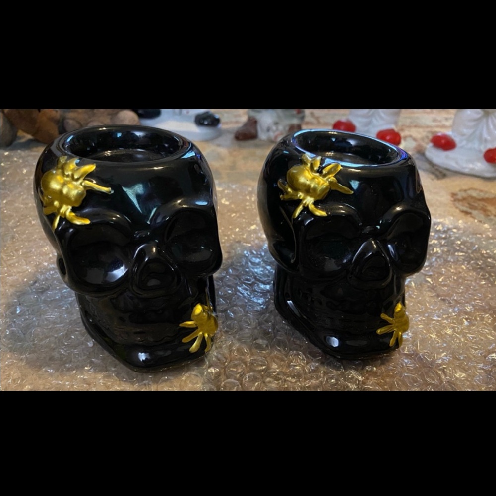 Black Skull Candle Holders with Gold Accents
